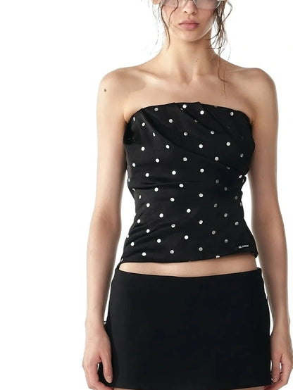 ALINNV STUDIO Silver Dot Pleated Strapless Crop Top Bikini