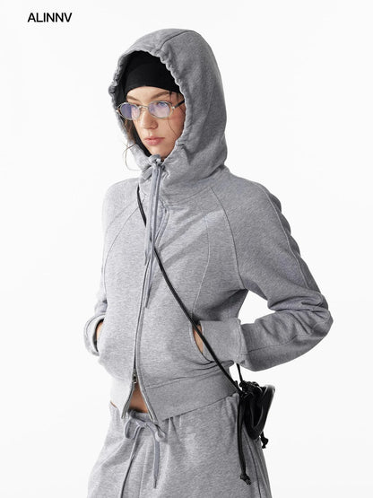 ALINNV STUDIO Slim Fit Cropped Hooded Zip Up Sweatshirt Hoodies/Sweatshirt