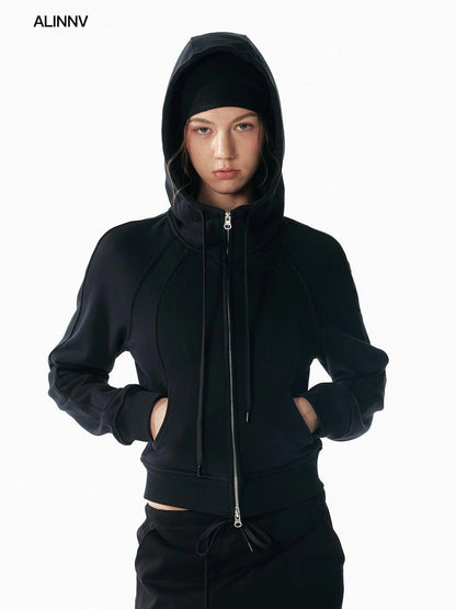 ALINNV STUDIO Slim Fit Cropped Hooded Zip Up Sweatshirt Hoodies/Sweatshirt