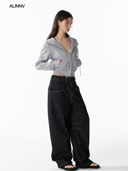 ALINNV STUDIO Slim Fit Cropped Hooded Zip Up Sweatshirt Hoodies/Sweatshirt