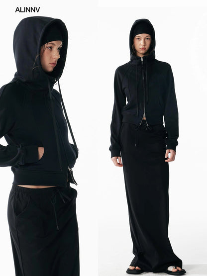 ALINNV STUDIO Slim Fit Cropped Hooded Zip Up Sweatshirt Hoodies/Sweatshirt