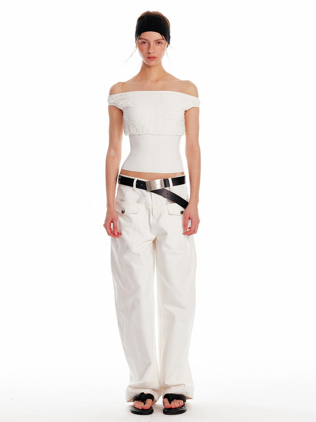ALINNV STUDIO Slim Off Shoulder Silk Top With Floral Detail