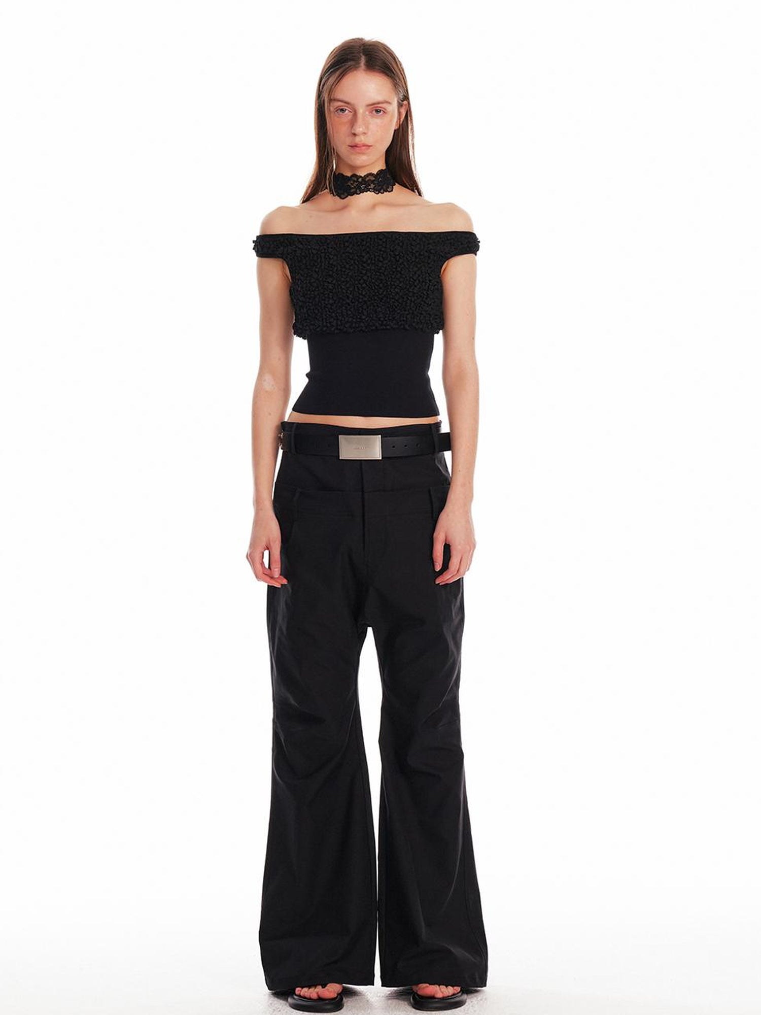 ALINNV STUDIO Slim Off Shoulder Silk Top With Floral Detail