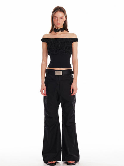 ALINNV STUDIO Slim Off Shoulder Silk Top With Floral Detail