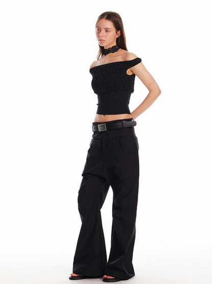ALINNV STUDIO Slim Off Shoulder Silk Top With Floral Detail