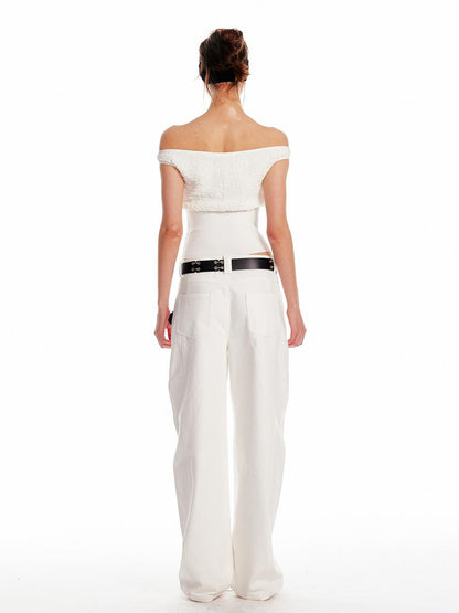 ALINNV STUDIO Slim Off Shoulder Silk Top With Floral Detail