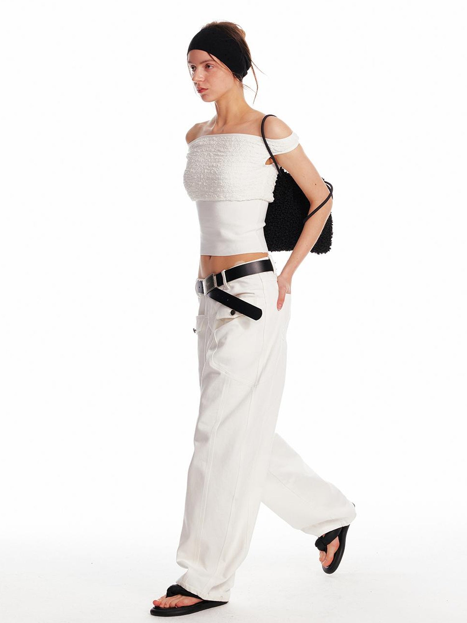 ALINNV STUDIO Slim Off Shoulder Silk Top With Floral Detail