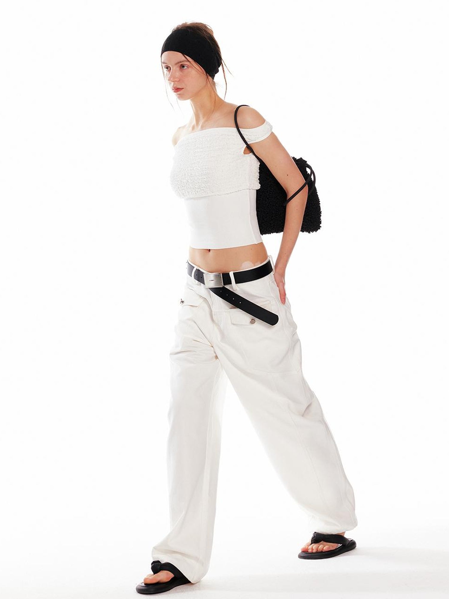 ALINNV STUDIO Slim Off Shoulder Silk Top With Floral Detail