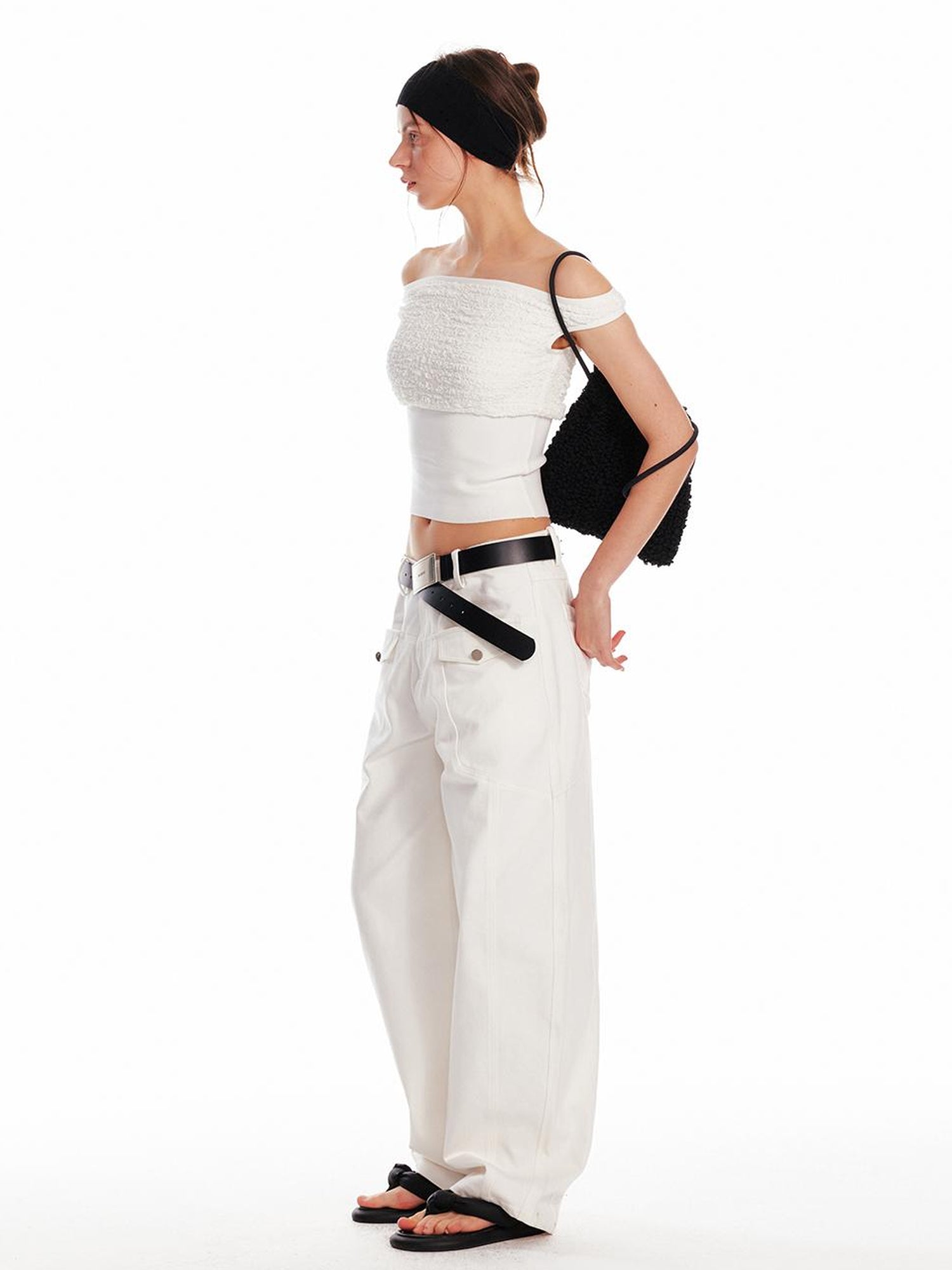 ALINNV STUDIO Slim Off Shoulder Silk Top With Floral Detail