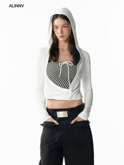 ALINNV STUDIO Two Layer Hooded Crop Top With Drawstring And Asymmetrical Hem T-shirt