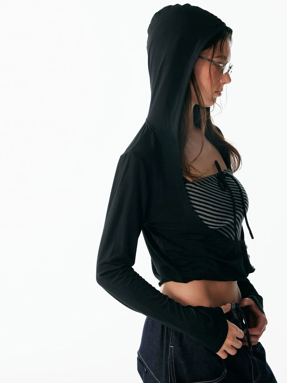 ALINNV STUDIO Two Layer Hooded Crop Top With Drawstring And Asymmetrical Hem T-shirt