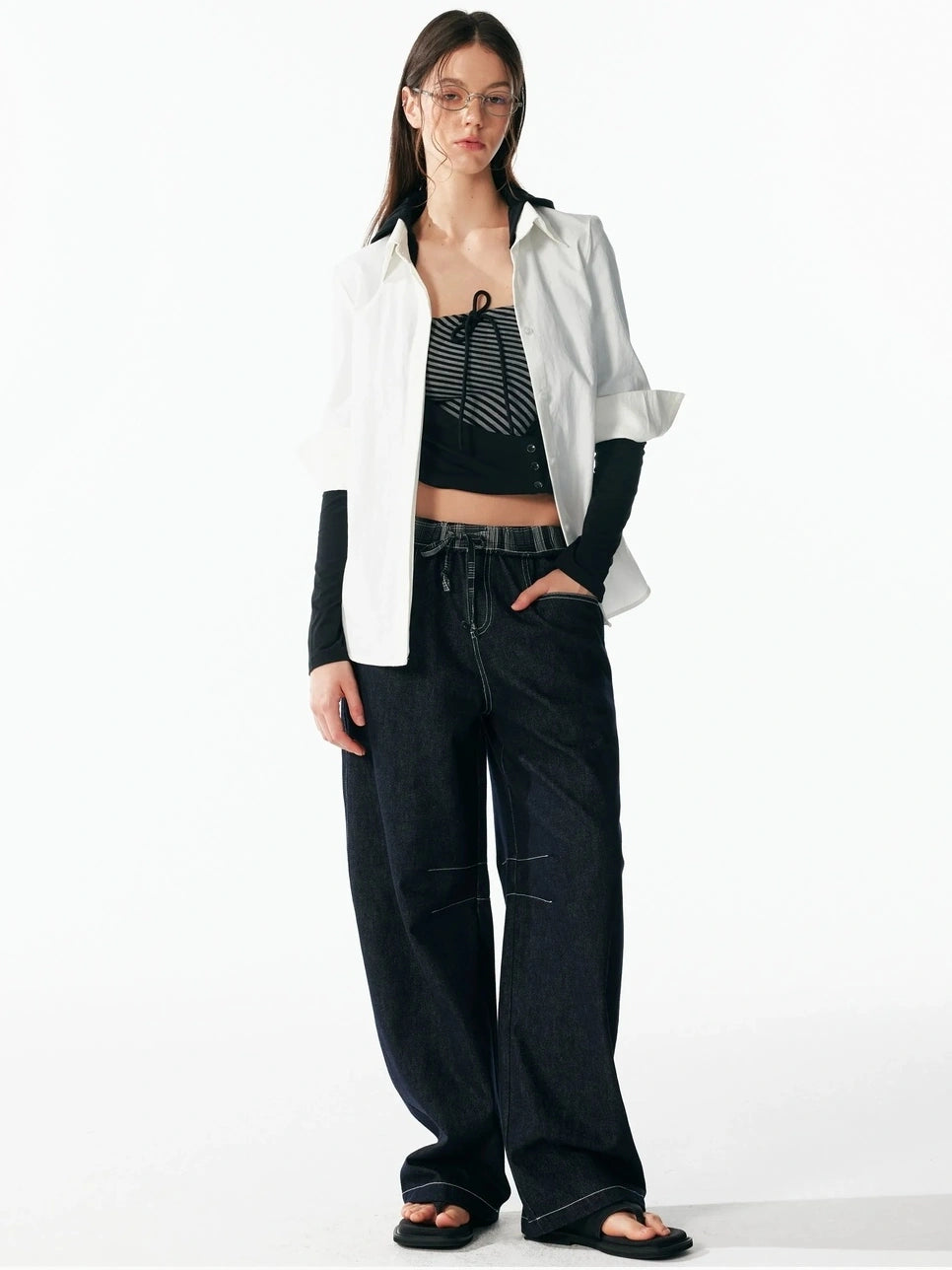 ALINNV STUDIO Two Layer Hooded Crop Top With Drawstring And Asymmetrical Hem T-shirt