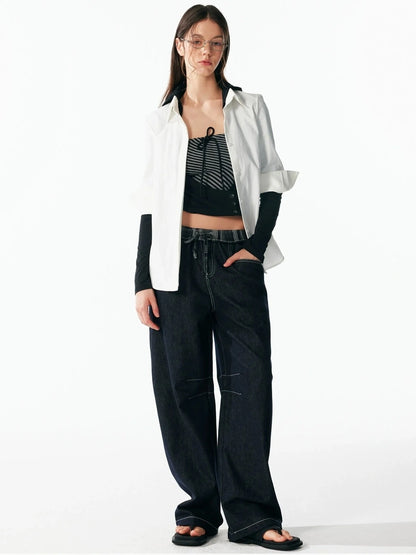 ALINNV STUDIO Two Layer Hooded Crop Top With Drawstring And Asymmetrical Hem T-shirt