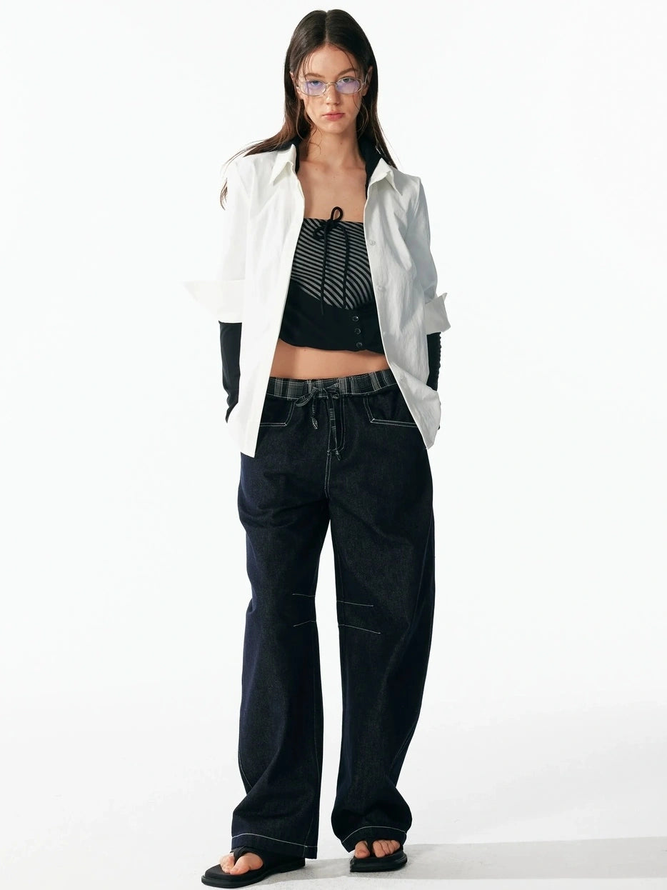 ALINNV STUDIO Two Layer Hooded Crop Top With Drawstring And Asymmetrical Hem T-shirt