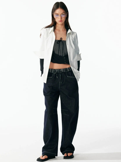 ALINNV STUDIO Two Layer Hooded Crop Top With Drawstring And Asymmetrical Hem T-shirt