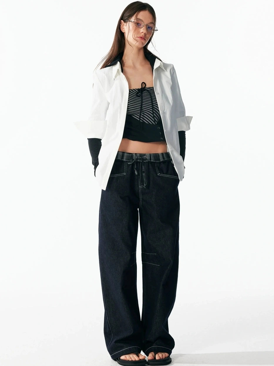 ALINNV STUDIO Two Layer Hooded Crop Top With Drawstring And Asymmetrical Hem T-shirt