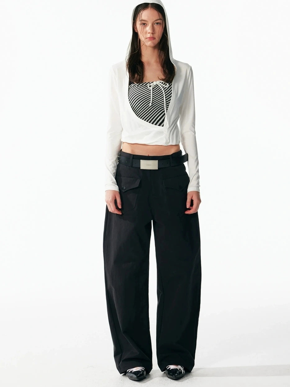 ALINNV STUDIO Two Layer Hooded Crop Top With Drawstring And Asymmetrical Hem T-shirt