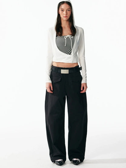 ALINNV STUDIO Two Layer Hooded Crop Top With Drawstring And Asymmetrical Hem T-shirt