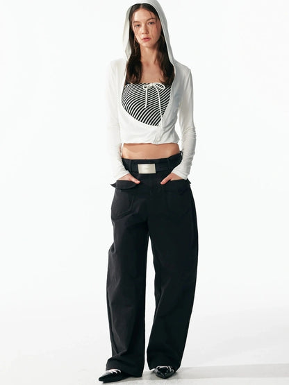 ALINNV STUDIO Two Layer Hooded Crop Top With Drawstring And Asymmetrical Hem T-shirt