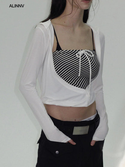 ALINNV STUDIO Two Layer Hooded Crop Top With Drawstring And Asymmetrical Hem T-shirt