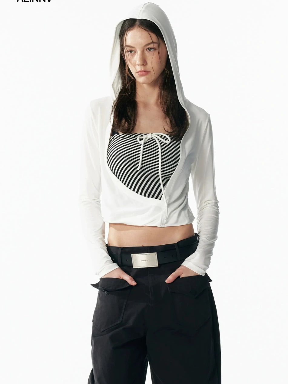 ALINNV STUDIO Two Layer Hooded Crop Top With Drawstring And Asymmetrical Hem T-shirt