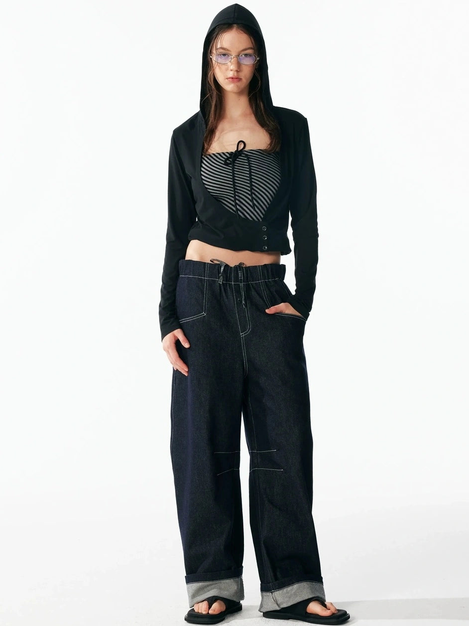 ALINNV STUDIO Two Layer Hooded Crop Top With Drawstring And Asymmetrical Hem T-shirt