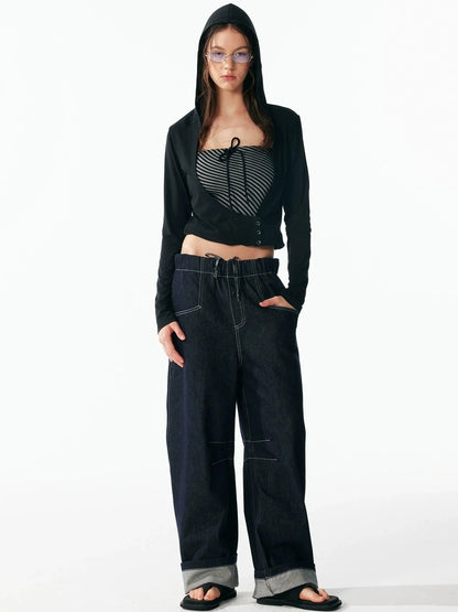 ALINNV STUDIO Two Layer Hooded Crop Top With Drawstring And Asymmetrical Hem T-shirt