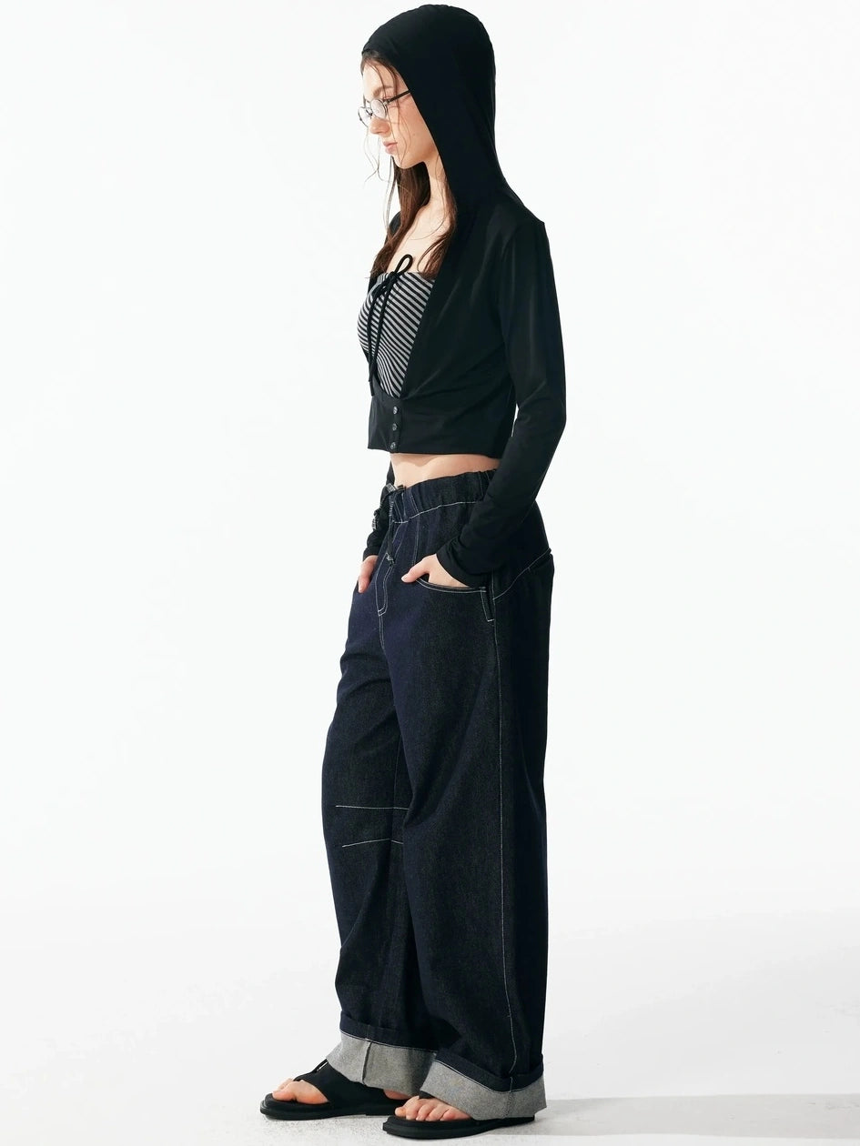 ALINNV STUDIO Two Layer Hooded Crop Top With Drawstring And Asymmetrical Hem T-shirt