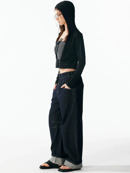 ALINNV STUDIO Two Layer Hooded Crop Top With Drawstring And Asymmetrical Hem T-shirt