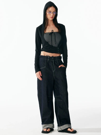 ALINNV STUDIO Two Layer Hooded Crop Top With Drawstring And Asymmetrical Hem T-shirt
