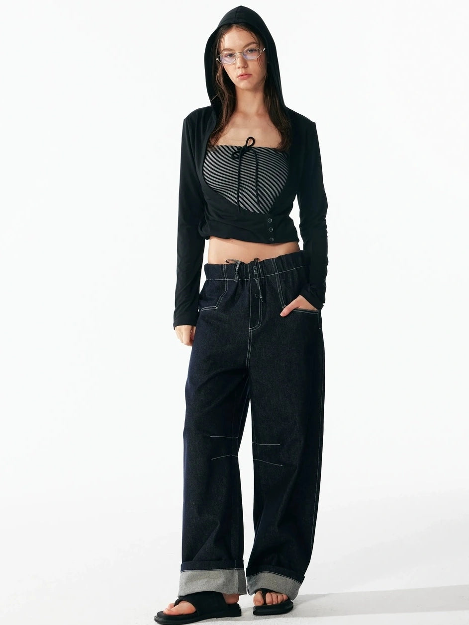 ALINNV STUDIO Two Layer Hooded Crop Top With Drawstring And Asymmetrical Hem T-shirt