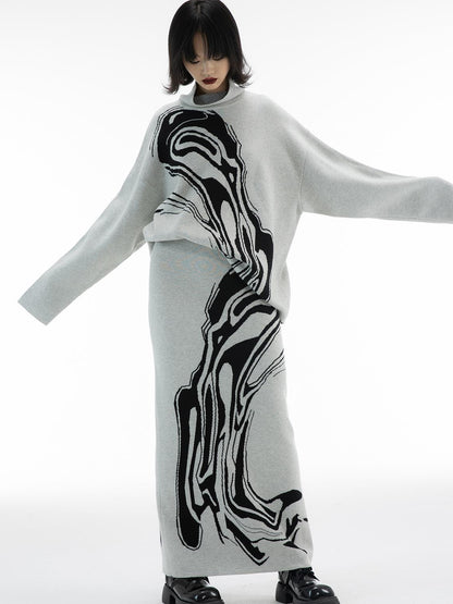 ALINNV STUDIO Two Sided Hand Painted Sweater And Straight Skirt Set