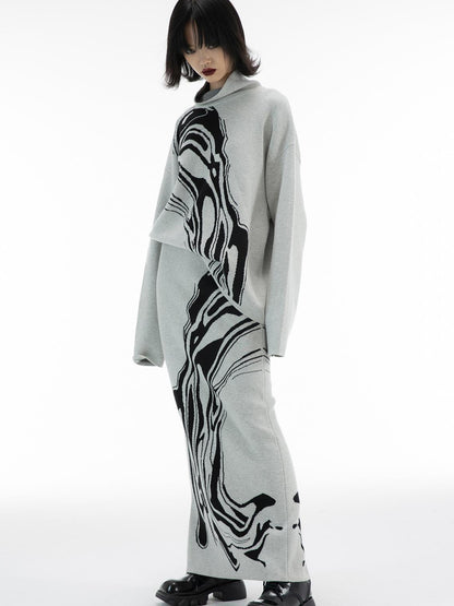 ALINNV STUDIO Two Sided Hand Painted Sweater And Straight Skirt Set