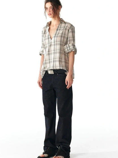 ALINNV STUDIO V-Neck Checked Shirt With Roll-Up Sleeves Shirts