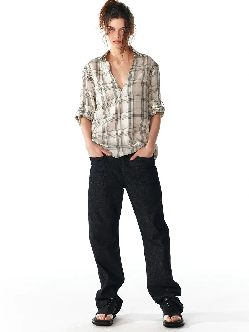 ALINNV STUDIO V-Neck Checked Shirt With Roll-Up Sleeves Shirts