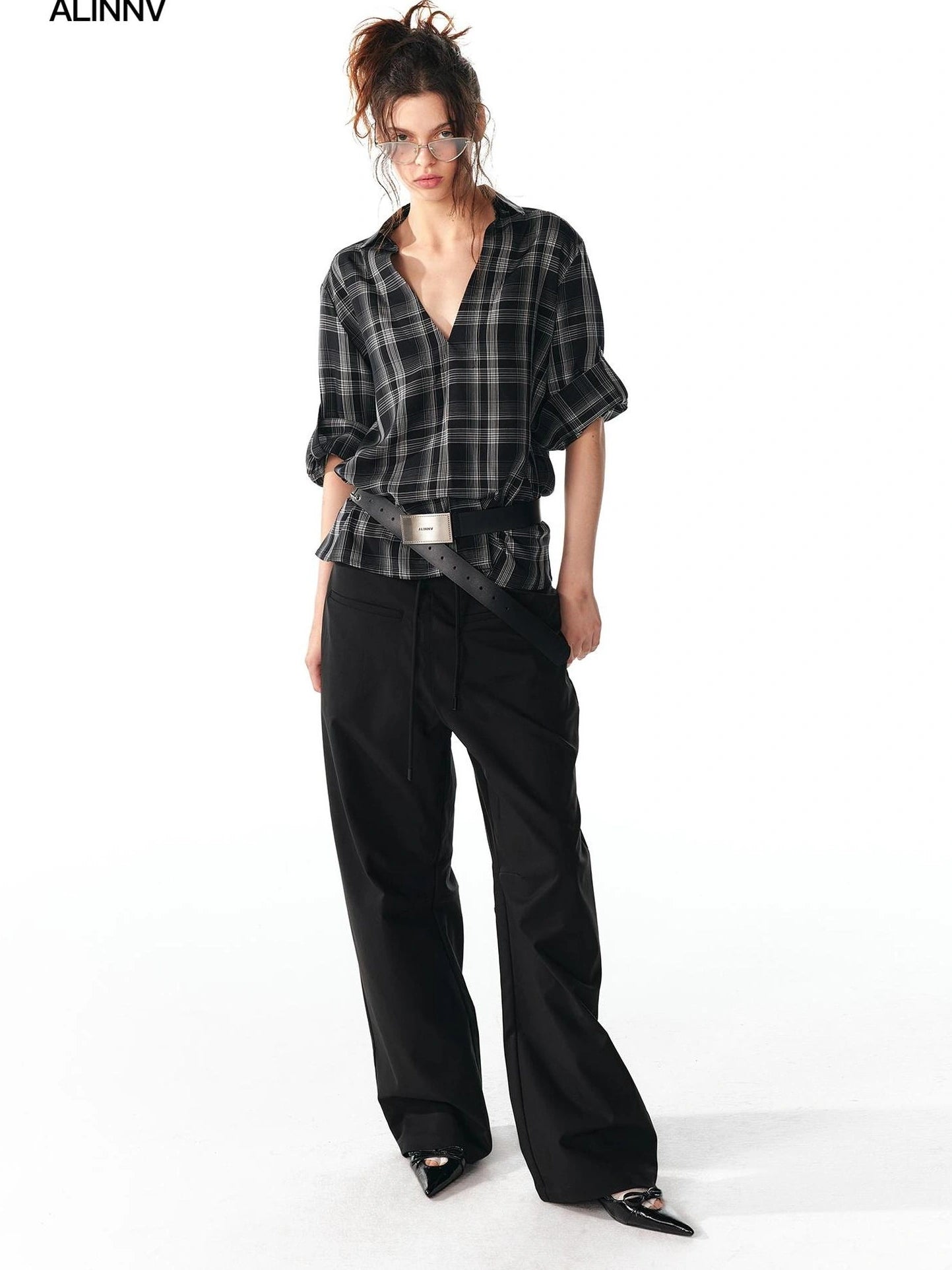 ALINNV STUDIO V-Neck Checked Shirt With Roll-Up Sleeves Shirts