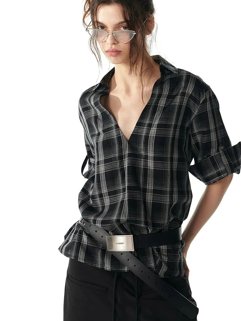 ALINNV STUDIO V-Neck Checked Shirt With Roll-Up Sleeves Shirts
