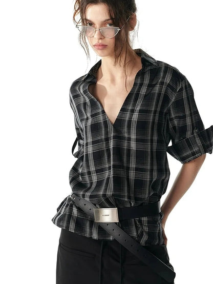 ALINNV STUDIO V-Neck Checked Shirt With Roll-Up Sleeves Shirts