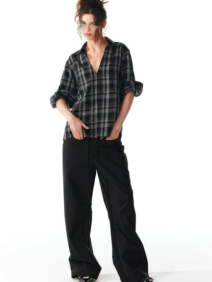 ALINNV STUDIO V-Neck Checked Shirt With Roll-Up Sleeves Shirts