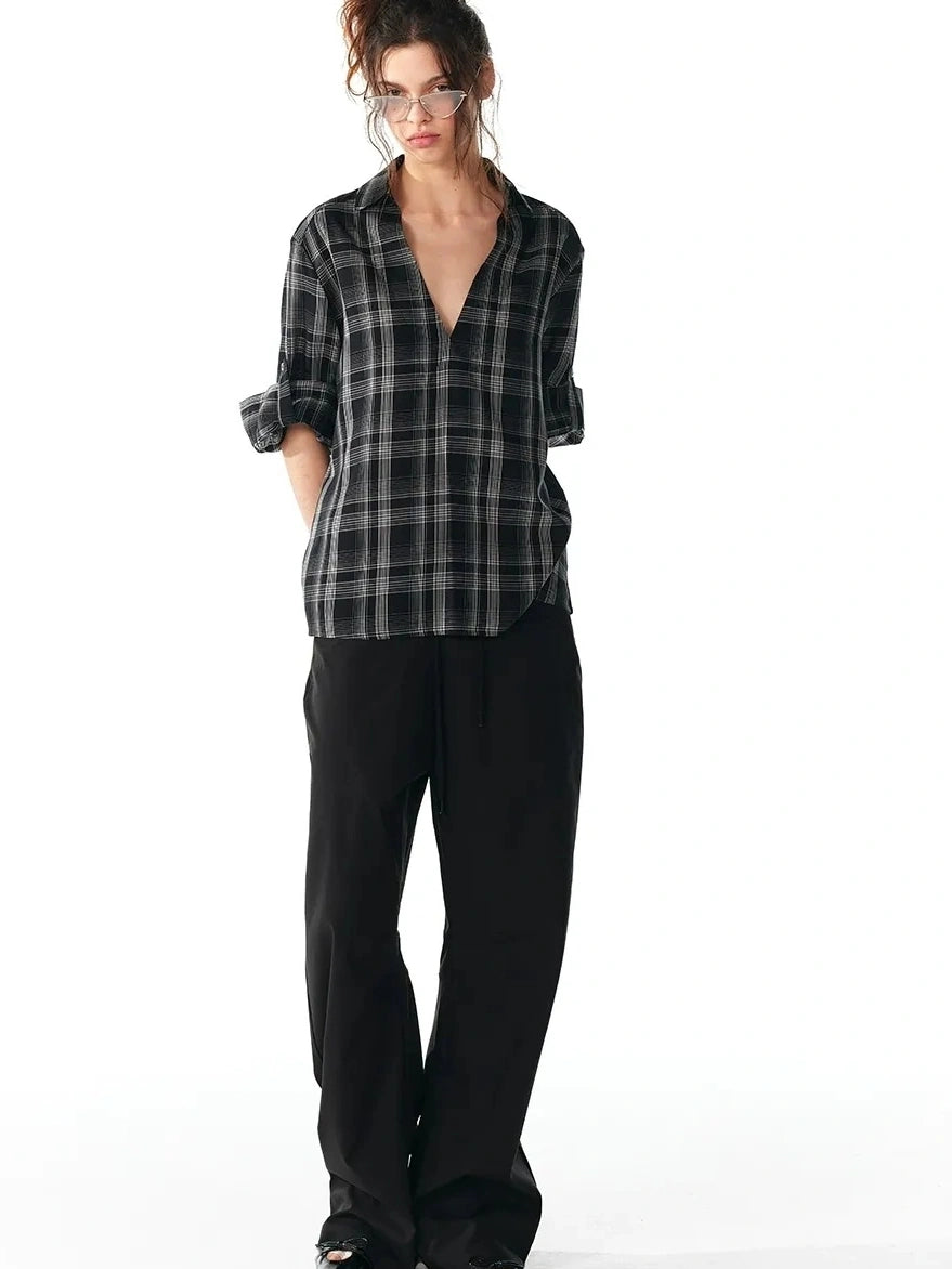 ALINNV STUDIO V-Neck Checked Shirt With Roll-Up Sleeves Shirts