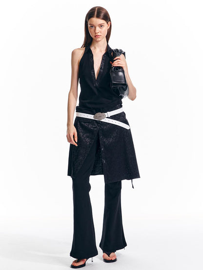 ALINNV STUDIO V-Neck Halter Backless Maxi Dress Adjustable Slit