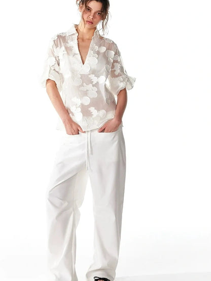 ALINNV STUDIO V-Neck Shell Lace Organza Blouse Shirts