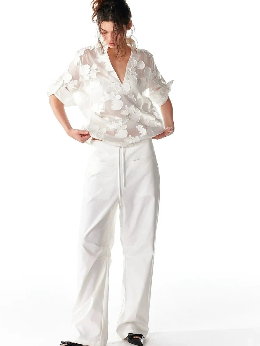 ALINNV STUDIO V-Neck Shell Lace Organza Blouse Shirts