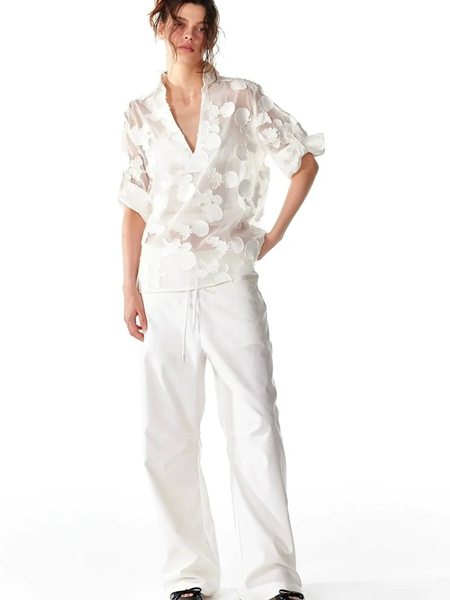 ALINNV STUDIO V-Neck Shell Lace Organza Blouse Shirts