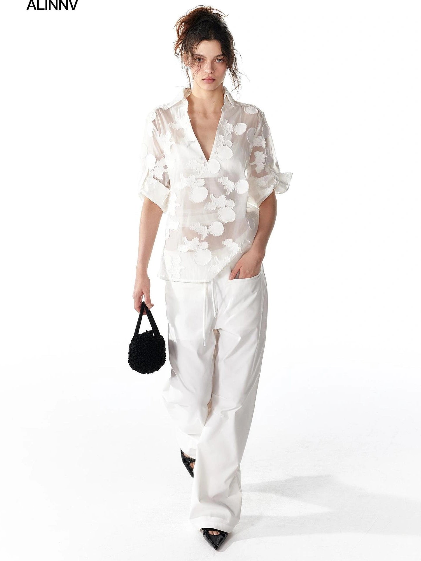 ALINNV STUDIO V-Neck Shell Lace Organza Blouse Shirts