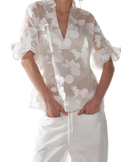 ALINNV STUDIO V-Neck Shell Lace Organza Blouse Shirts