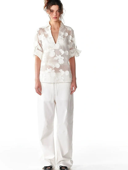 ALINNV STUDIO V-Neck Shell Lace Organza Blouse Shirts