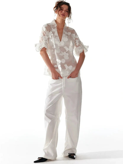 ALINNV STUDIO V-Neck Shell Lace Organza Blouse Shirts