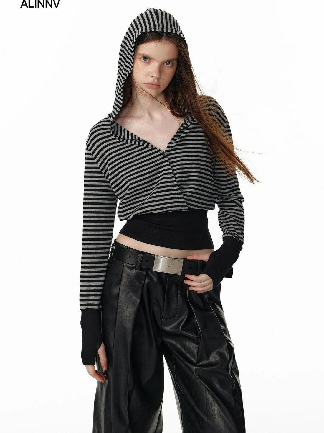 ALINNV STUDIO V-Neck Striped Ribbed Hooded Wool Sweater T-shirt