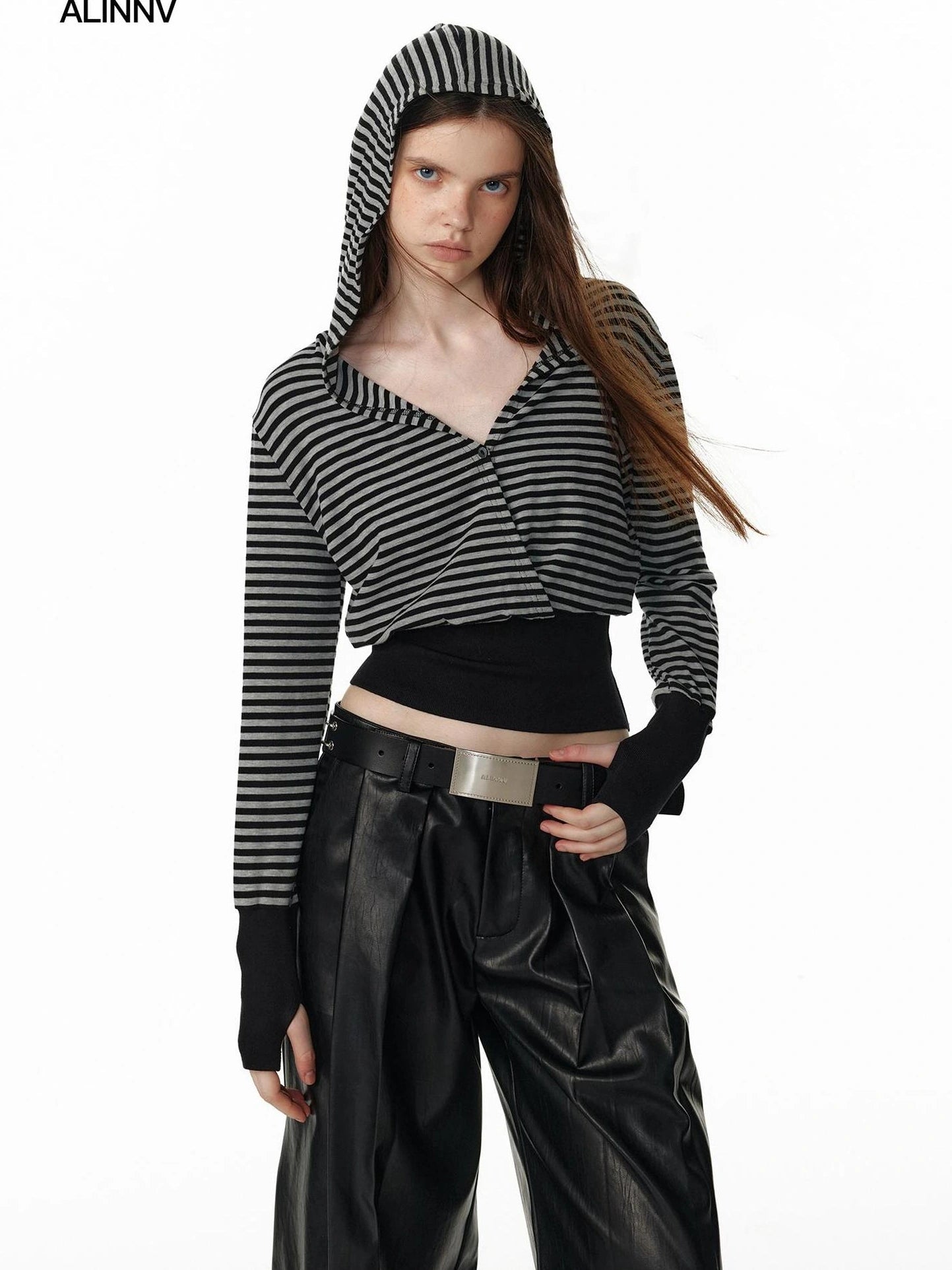 ALINNV STUDIO V-Neck Striped Ribbed Hooded Wool Sweater T-shirt